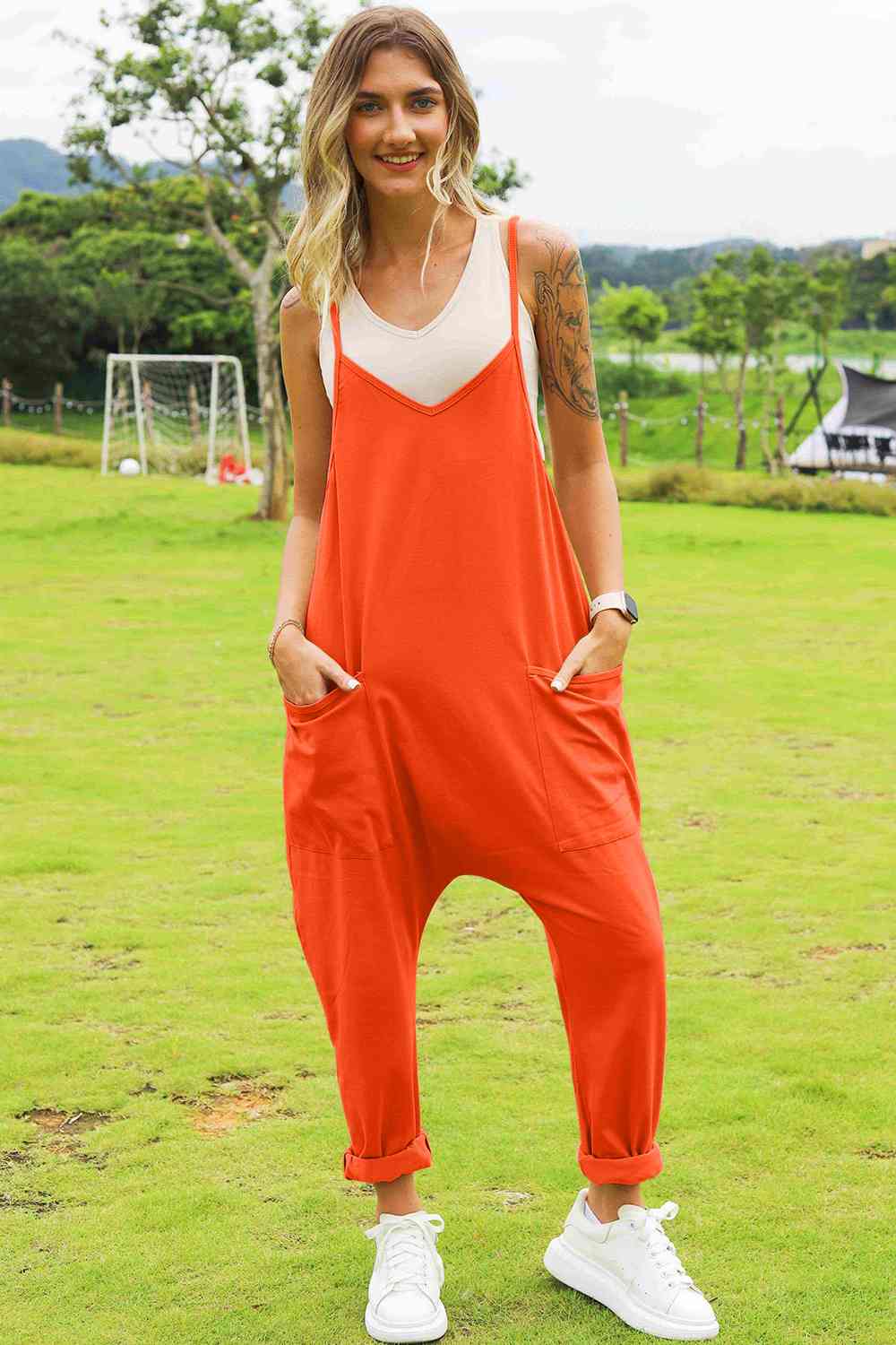 Sleeveless V-Neck Pocketed Jumpsuit - Orange / S - Women’s Clothing & Accessories - Jumpsuits & Rompers - 13 - 2024