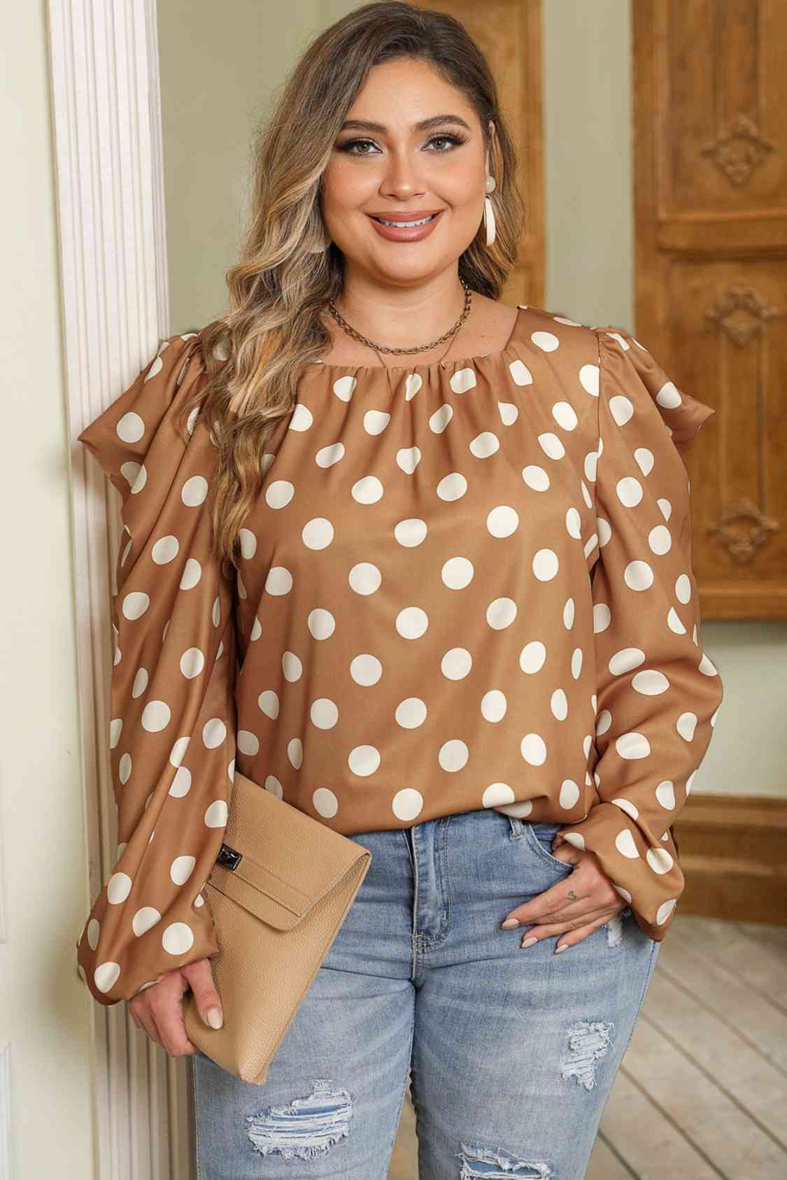 Plus Size Polka Dot Long Sleeve Blouse - Khaki / 1XL - Women’s Clothing & Accessories - Shirts & Tops - 1 - 2024