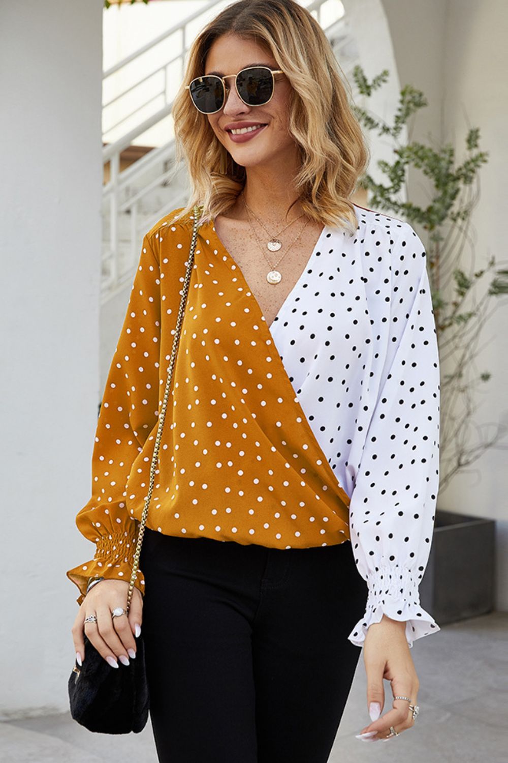 Polka Dot Surplice Neck Lantern Sleeve Blouse - Women’s Clothing & Accessories - Shirts & Tops - 3 - 2024