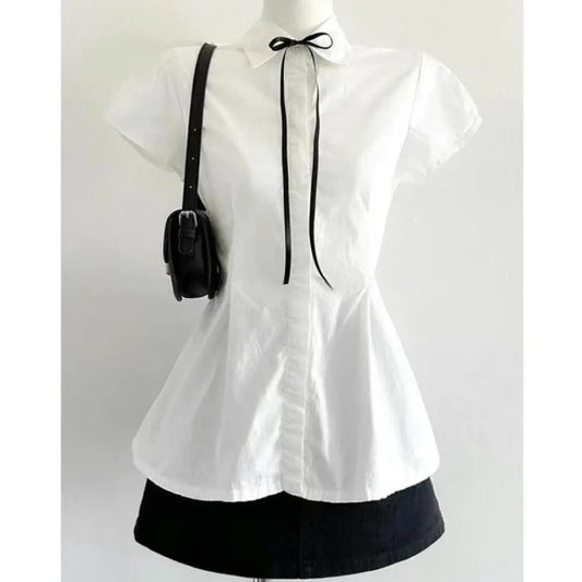 Preppy Bow Ruffle Blouse - Women’s Clothing & Accessories - Blouses - 6