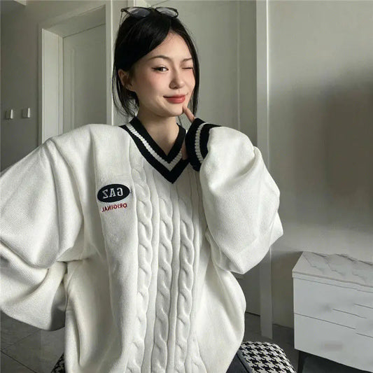 White Oversized V-Neck Knit Sweater – Preppy Korean Style Pullover - White / M - Sweaters - Sweaters - 2025 - 7