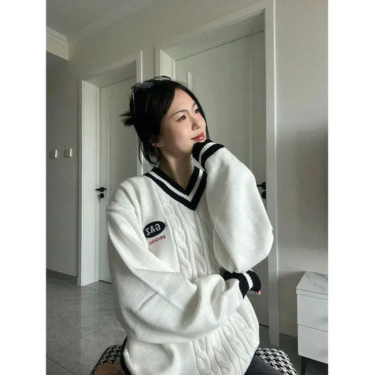 White Oversized V-Neck Knit Sweater – Preppy Korean Style Pullover - Sweaters - Sweaters - 2025 - 2 - Worldwide Shipping