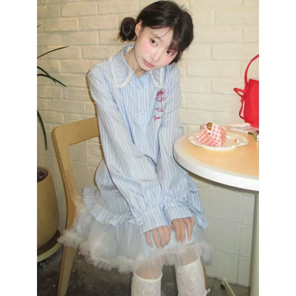 Preppy Striped Lace Shirt Dress - All Dresses - Dresses - 1
