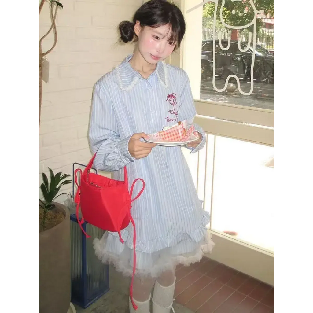 Preppy Striped Lace Shirt Dress - All Dresses - Dresses - 3