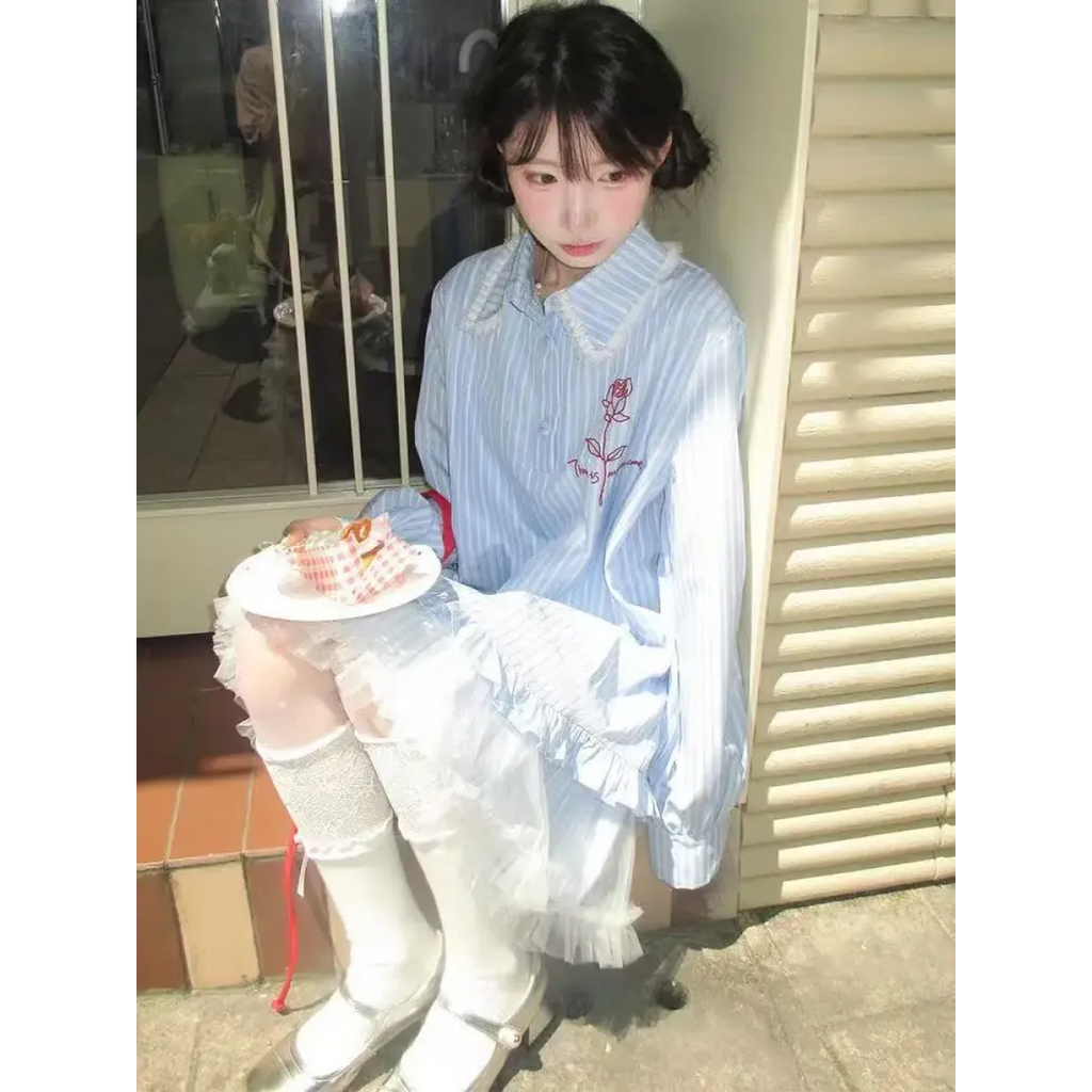 Preppy Striped Lace Shirt Dress - All Dresses - Dresses - 4