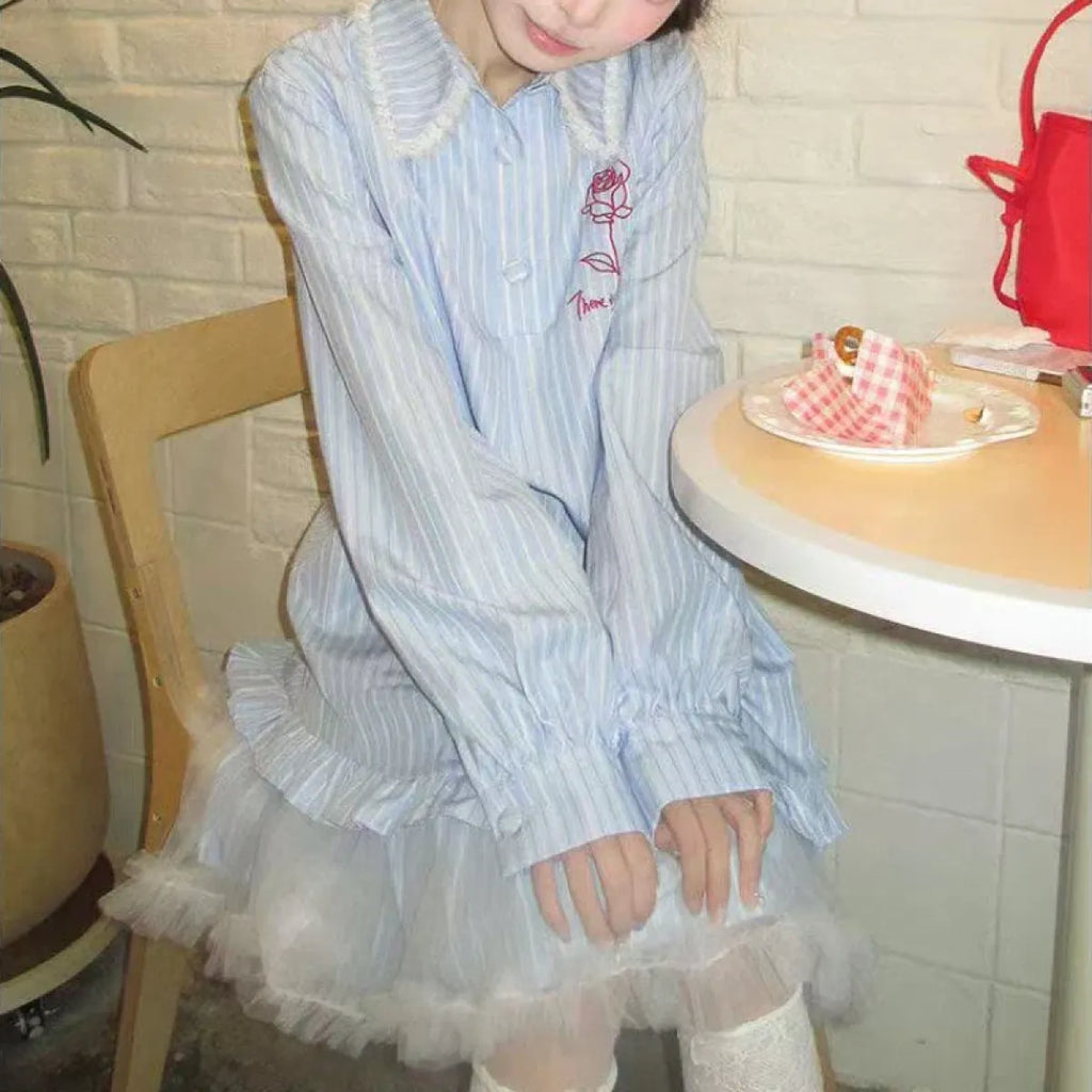 Preppy Striped Lace Shirt Dress - All Dresses - Dresses - 7