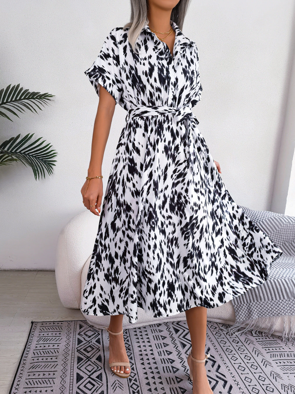 Printed Collared Neck Short Sleeve Tie Waist Dress - All Dresses - Dresses - 3 - 2024