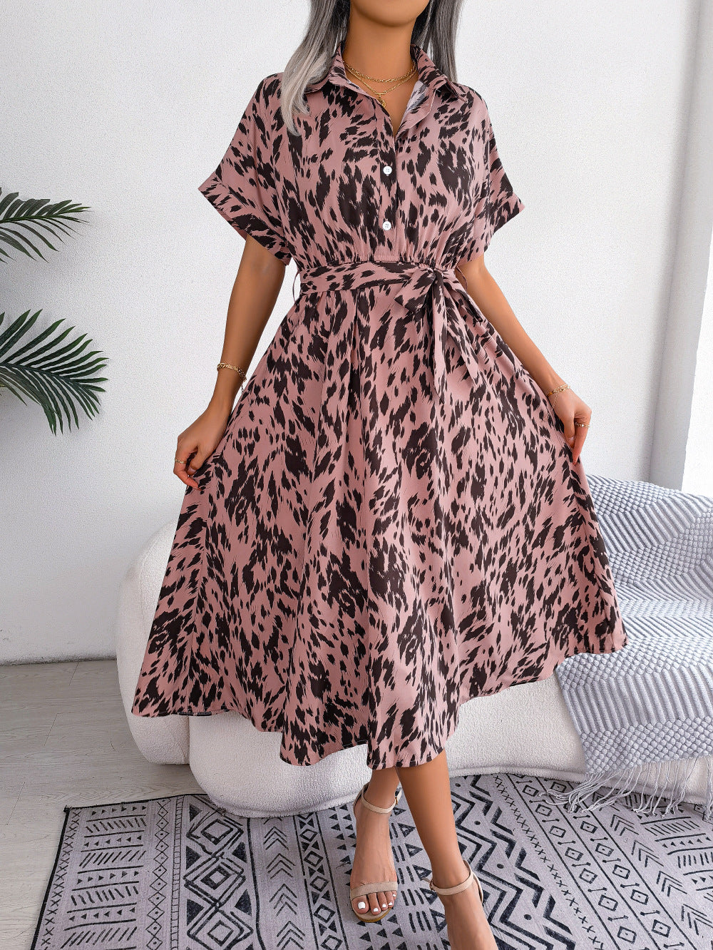 Printed Collared Neck Short Sleeve Tie Waist Dress - All Dresses - Dresses - 6 - 2024