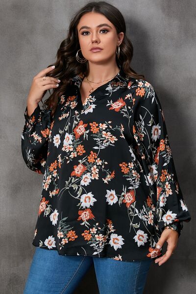 Plus Size Printed Johnny Collar Long Sleeve Blouse - Women’s Clothing & Accessories - Shirts & Tops - 8 - 2024