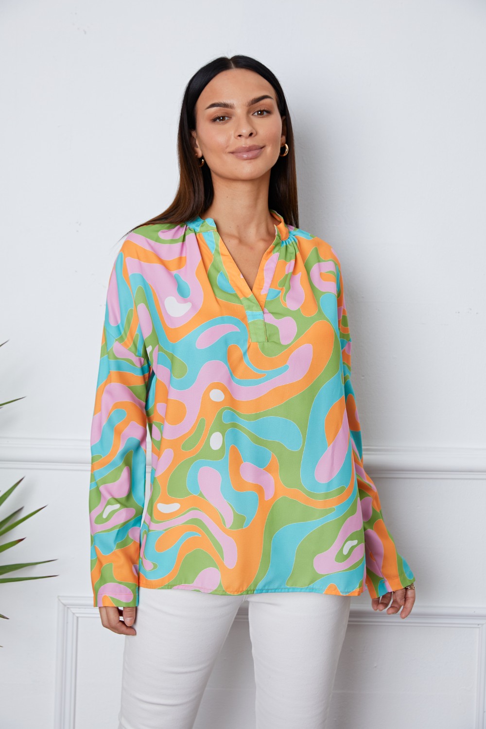 Printed Notched Long Sleeve Blouse - Multicolor / S - Women’s Clothing & Accessories - Shirts & Tops - 1 - 2024