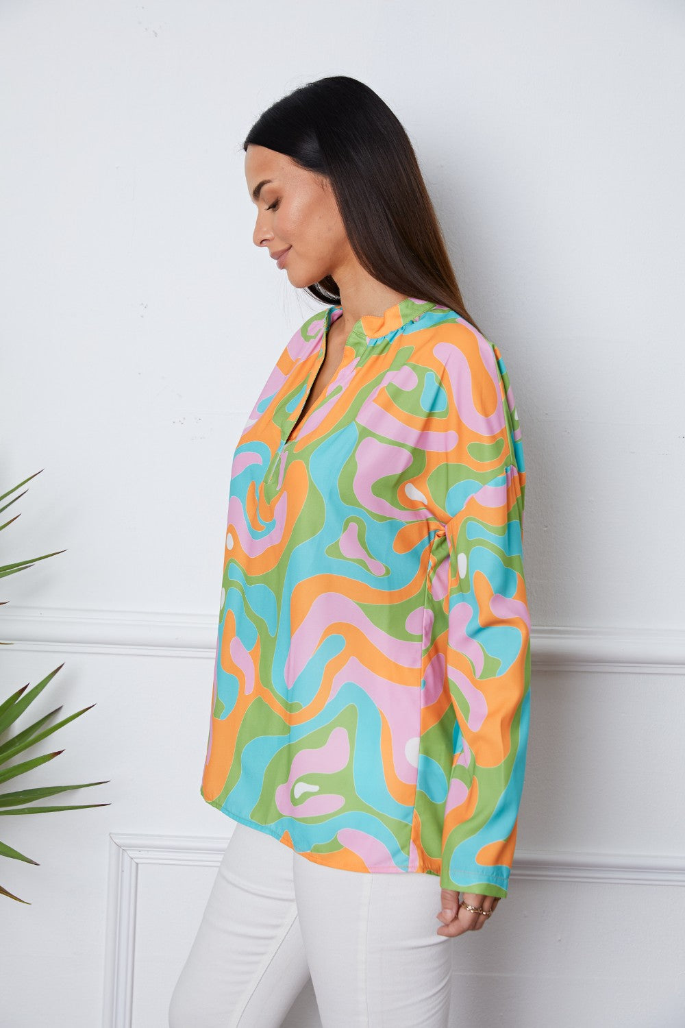 Printed Notched Long Sleeve Blouse - Women’s Clothing & Accessories - Shirts & Tops - 3 - 2024