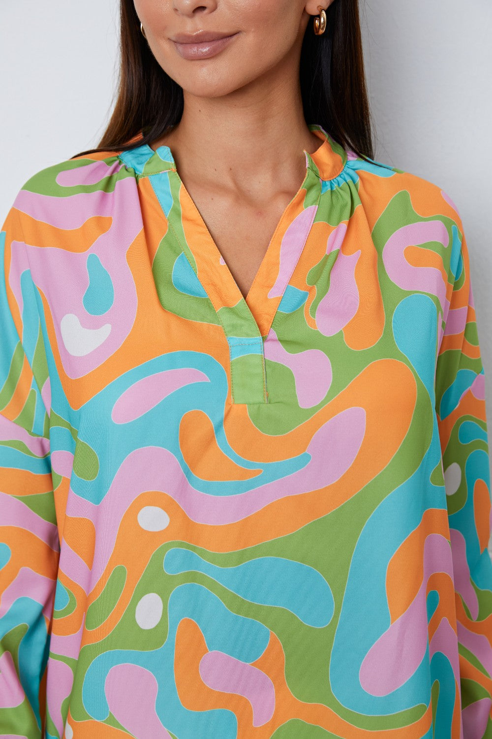 Printed Notched Long Sleeve Blouse - Women’s Clothing & Accessories - Shirts & Tops - 4 - 2024