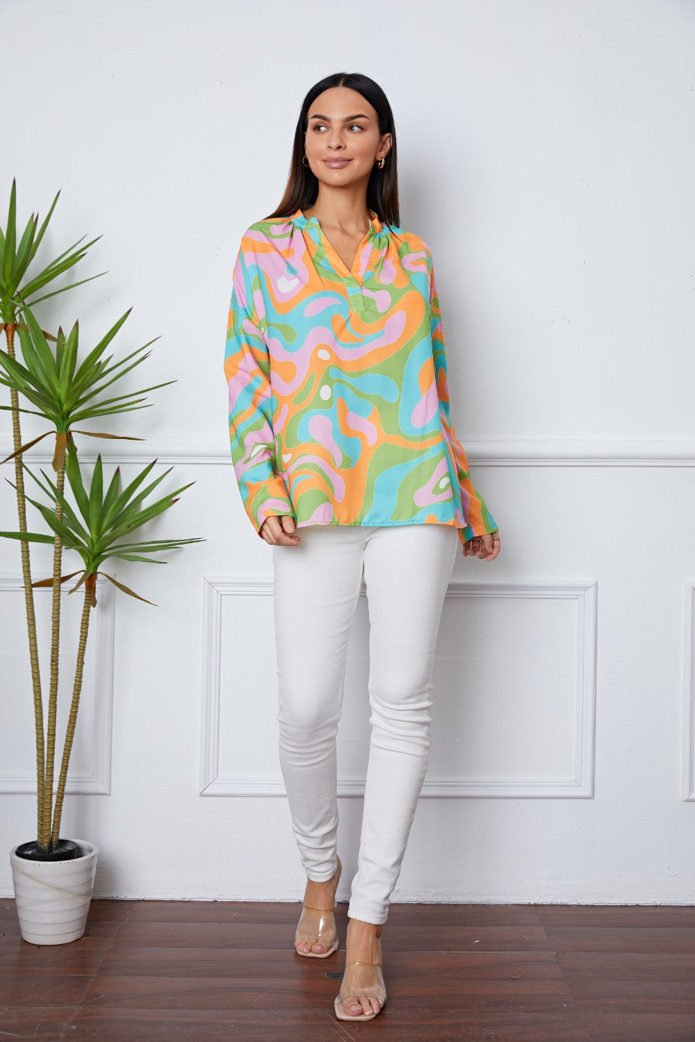 Printed Notched Long Sleeve Blouse - Women’s Clothing & Accessories - Shirts & Tops - 5 - 2024