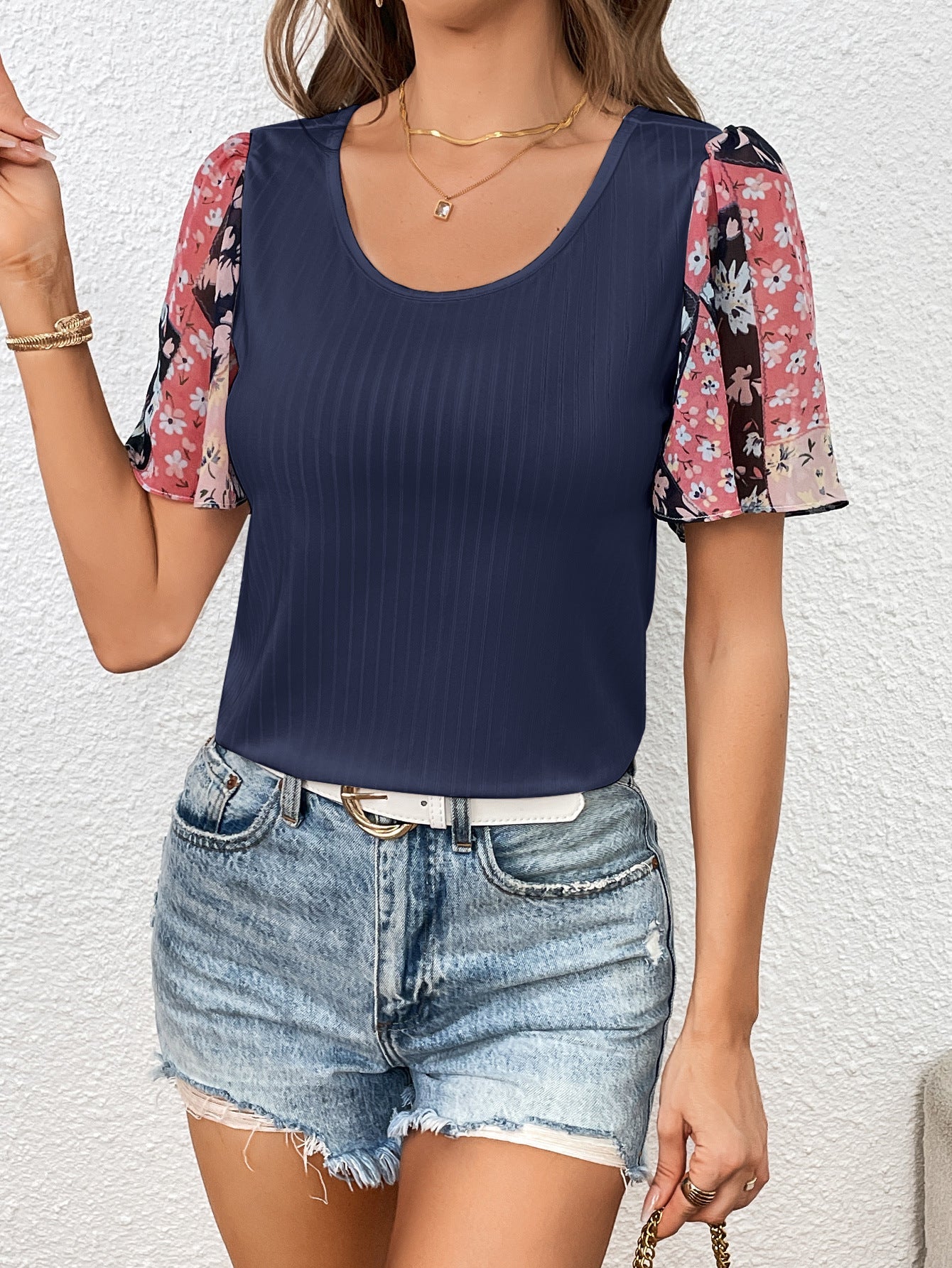 Printed Puff Sleeve Round Neck Tee - Dark Blue / S - T-Shirts - Shirts & Tops - 7 - 2024