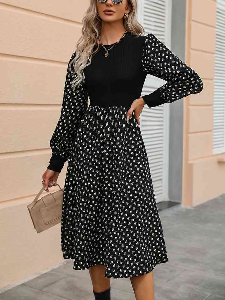 Printed Round Neck Long Sleeve Dress - Black / S - All Dresses - Dresses - 1 - 2024