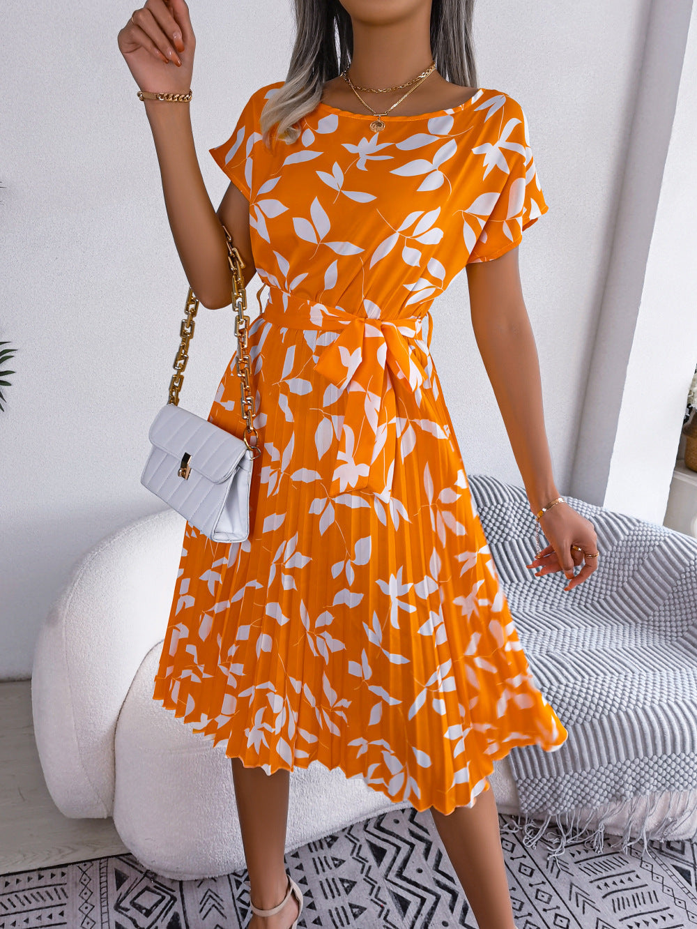 Printed Round Neck Short Sleeve Pleated Dress - All Dresses - Shirts & Tops - 8 - 2024