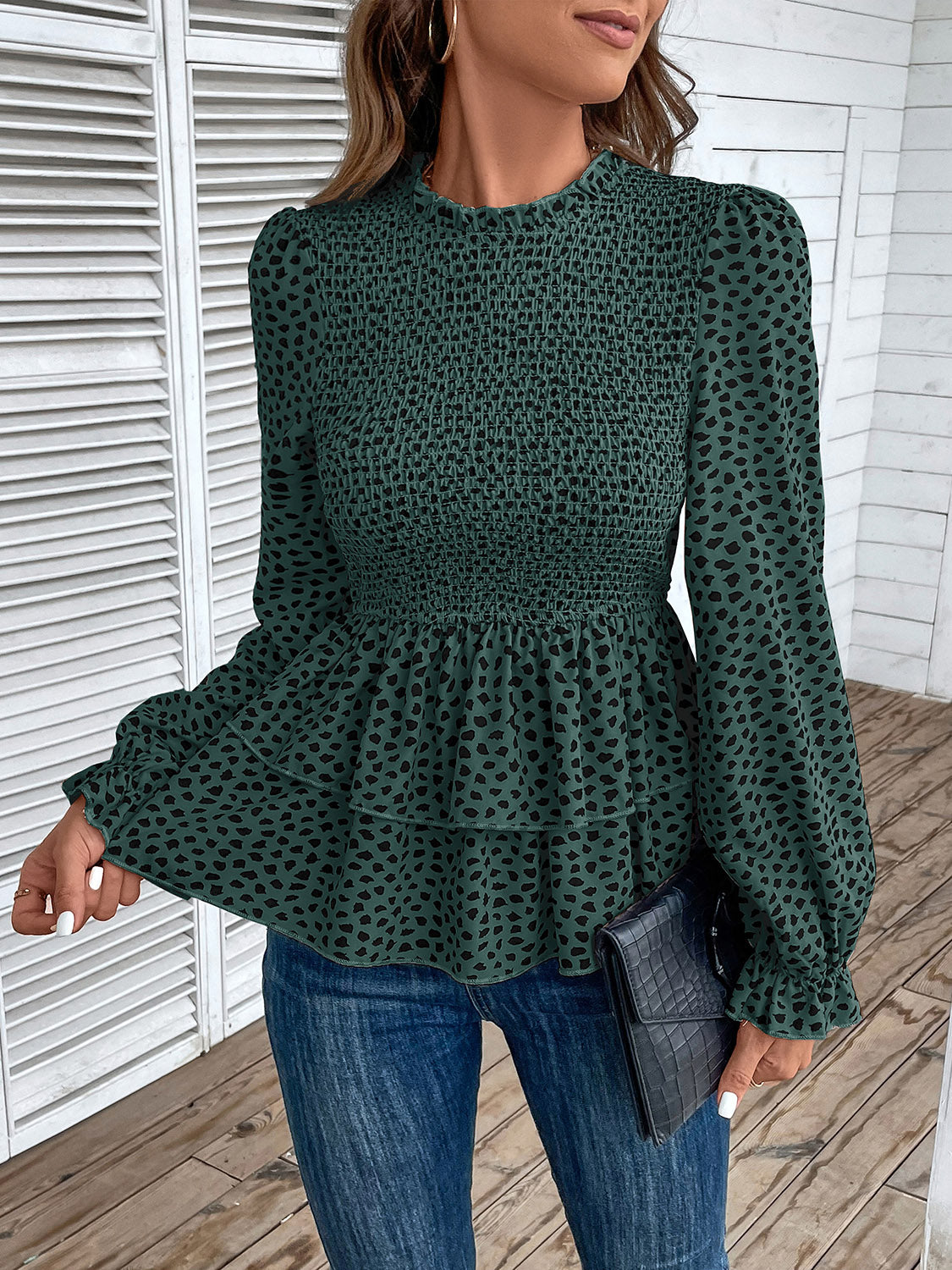 Printed Round Neck Smocked Flounce Sleeve T-Shirt - Green / S - T-Shirts - Shirts & Tops - 5 - 2024