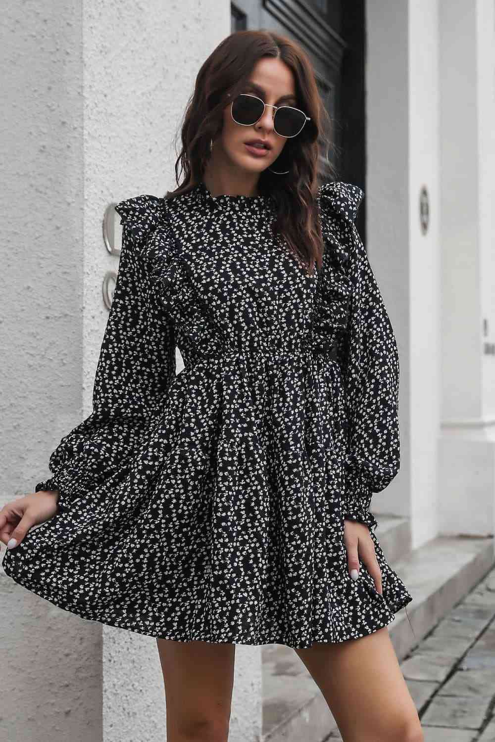 Printed Ruffle Trim Smocked Long Sleeve Mini Dress - Black / S - All Dresses - Dresses - 4 - 2024