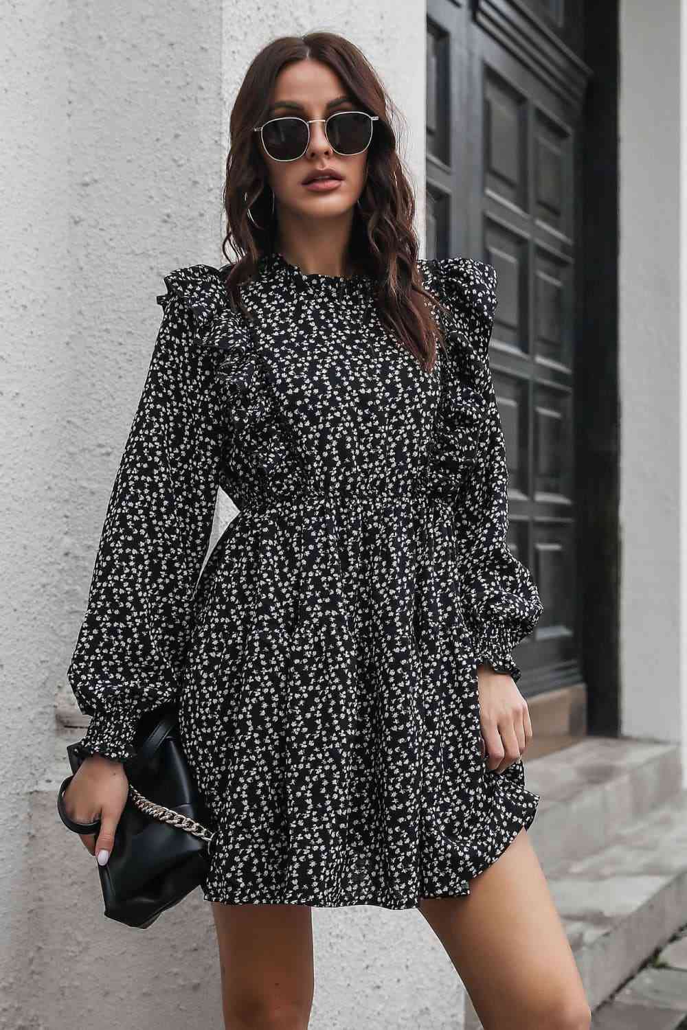 Printed Ruffle Trim Smocked Long Sleeve Mini Dress - All Dresses - Dresses - 5 - 2024