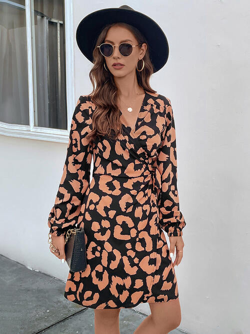 Printed Surplice Long Sleeve Dress - Caramel / S - All Dresses - Dresses - 1 - 2024