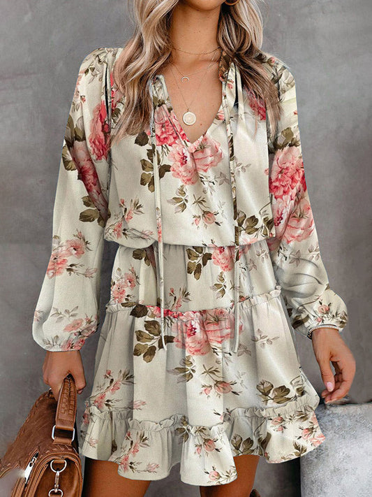 Printed Tie Neck Long Sleeve Dress - White / S - All Dresses - Dresses - 1 - 2024