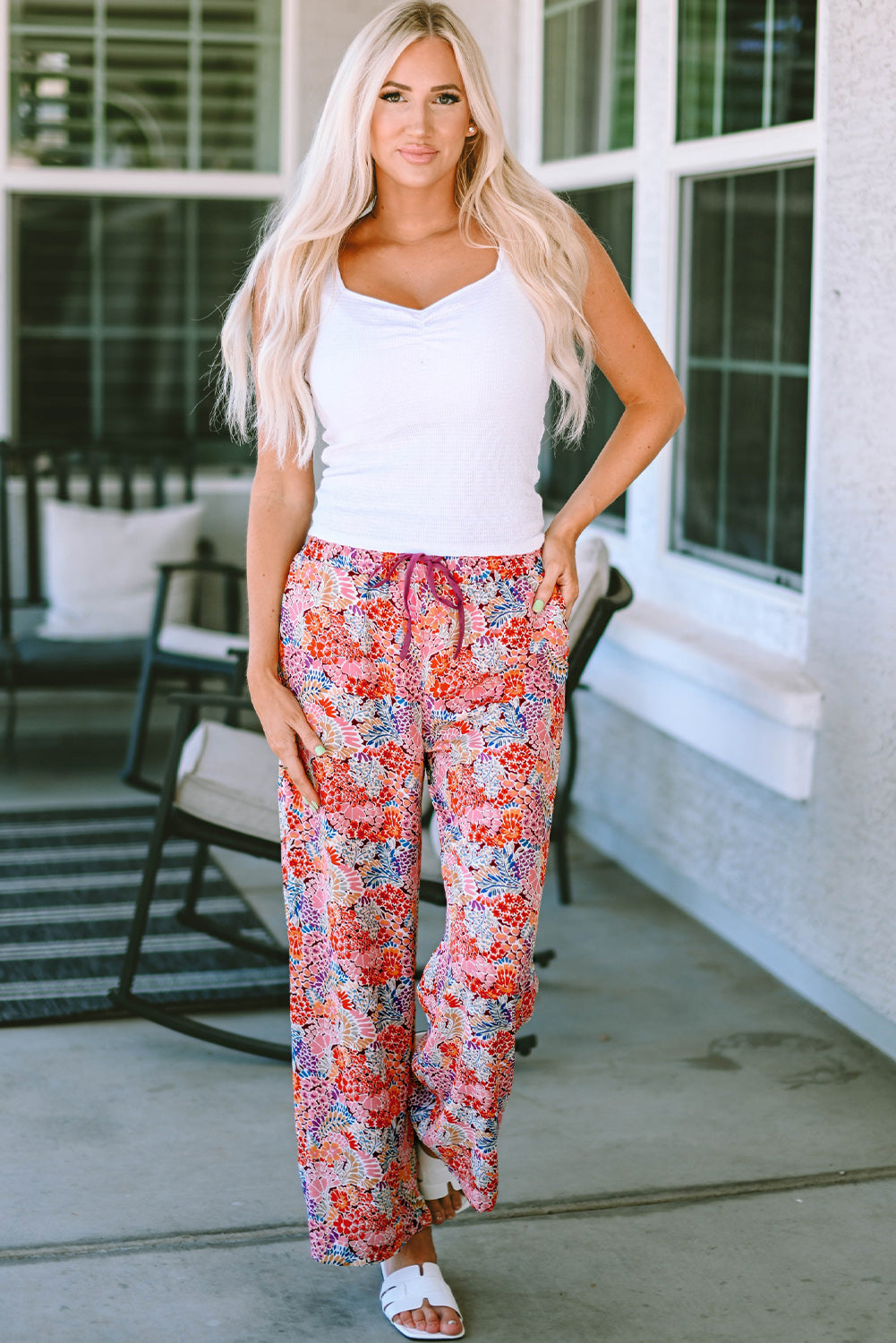 Printed Tie Waist Wide Leg Long Pants - Bottoms - Pants - 4 - 2024