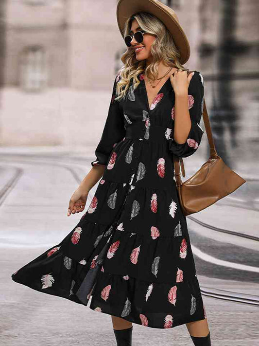 Printed V-Neck Slit Dress - Black / S - All Dresses - Dresses - 1 - 2024