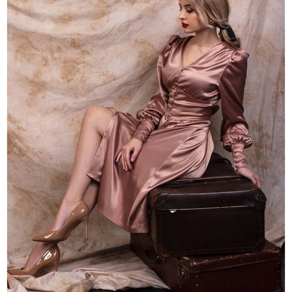 Satin Puff Sleeve Dress - All Dresses - 2