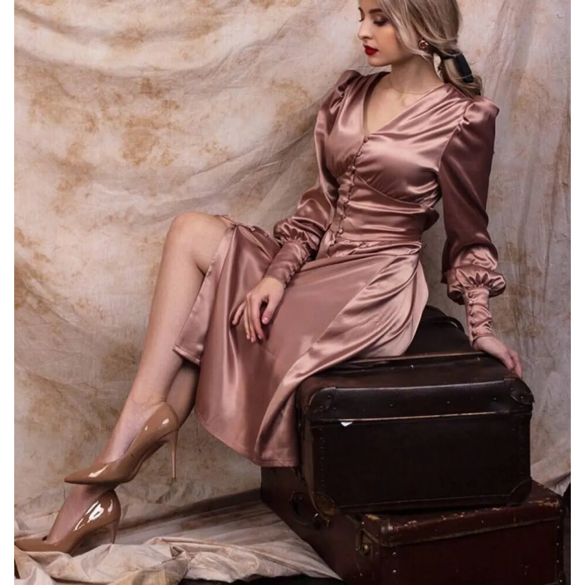 Satin Puff Sleeve Dress - All Dresses - 2