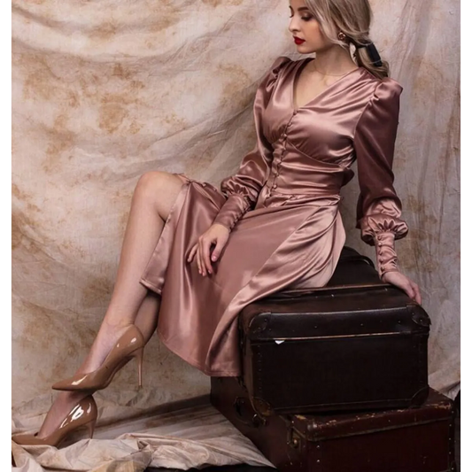 Satin Puff Sleeve Dress - All Dresses - 2