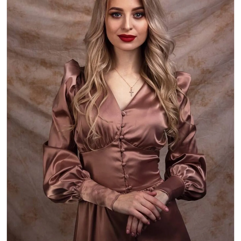 Satin Puff Sleeve Dress - All Dresses - 4