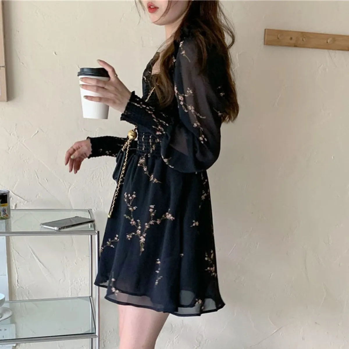 Vintage Flower Puff Sleeve Dress - All Dresses - 1
