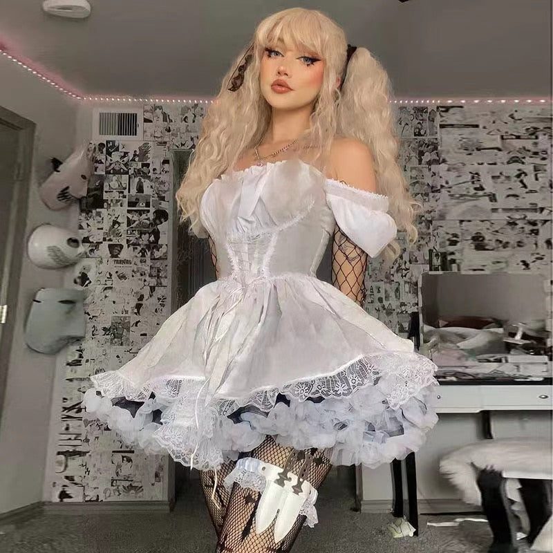 Puff Sleeve High Waist Vintage Lolita Dress - White / L / Nearest Warehouse - All Dresses - Clothing - 8 - 2024