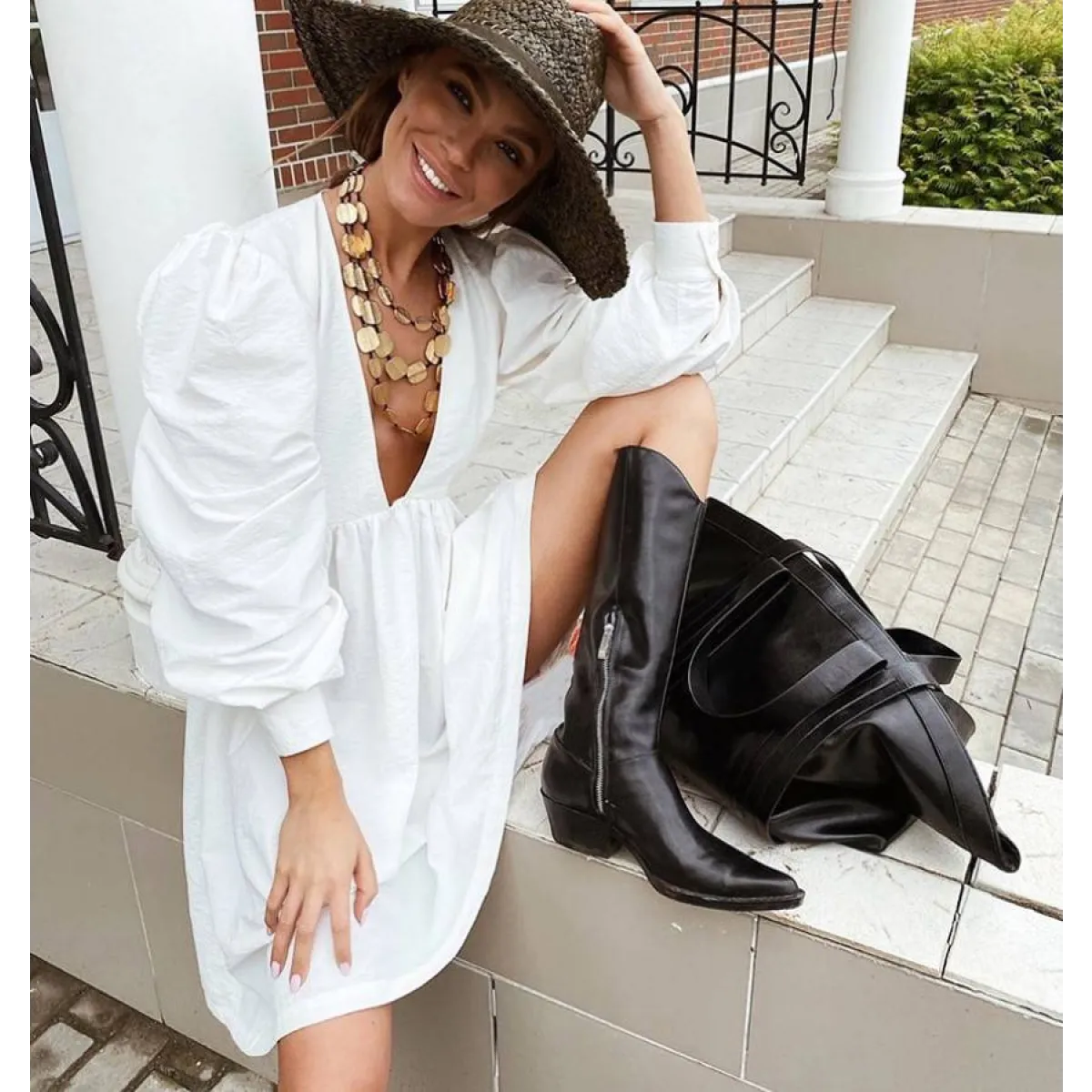 Puff Sleeve Mini Dress - All Dresses - 1