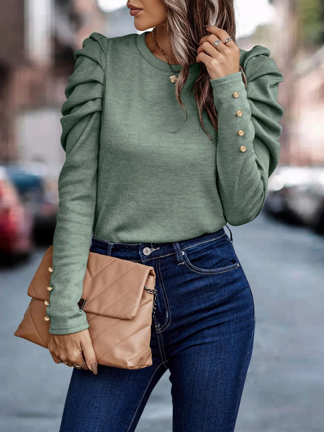 Decorative Button Puff Sleeve T-Shirt - Green / S - T-Shirts - Shirts & Tops - 10 - 2024