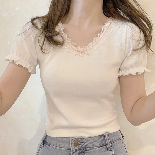 Ribbon Lace Trim Puff Sleeve T-Shirt - T-Shirts - 1