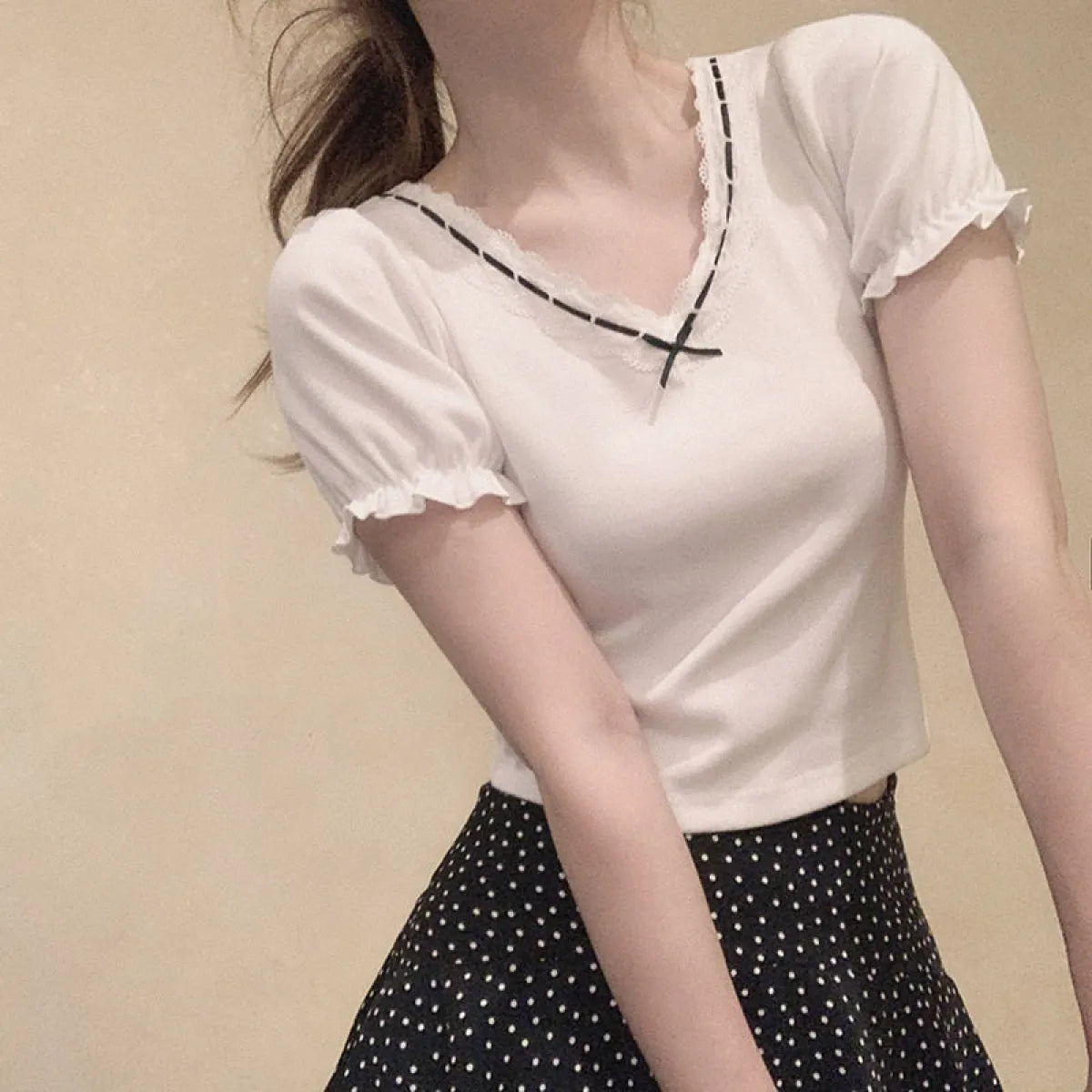 Ribbon Lace Trim Puff Sleeve T-Shirt - T-Shirts - 3