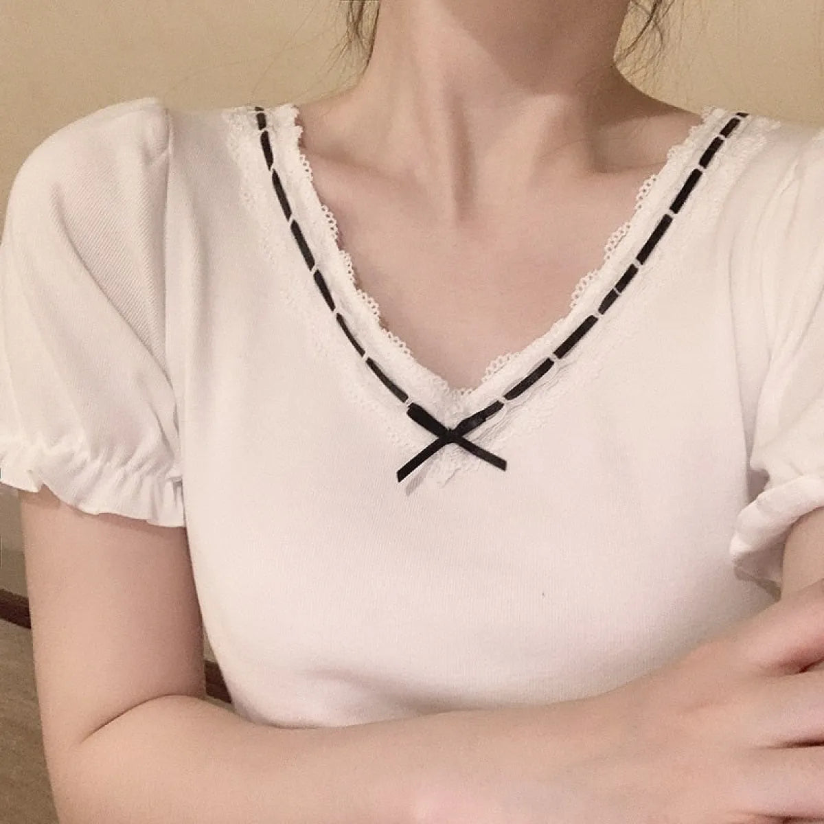 Ribbon Lace Trim Puff Sleeve T-Shirt - T-Shirts - 4