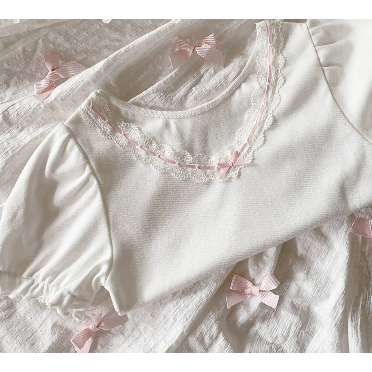 Ribbon Lace Trim Puff Sleeve T-Shirt - T-Shirts - 6