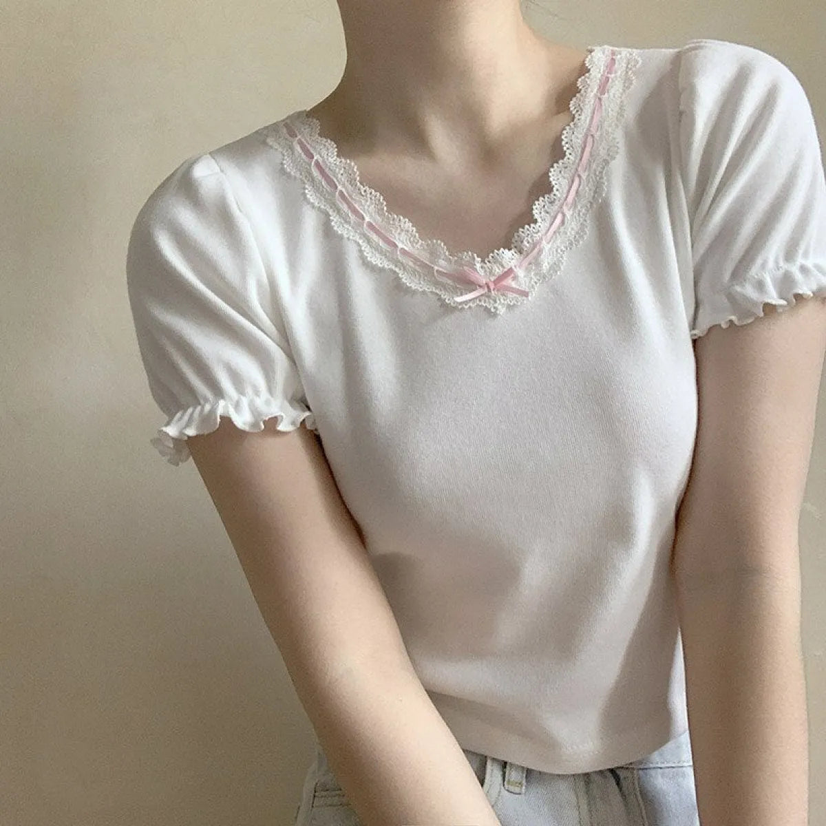 Ribbon Lace Trim Puff Sleeve T-Shirt - T-Shirts - 8
