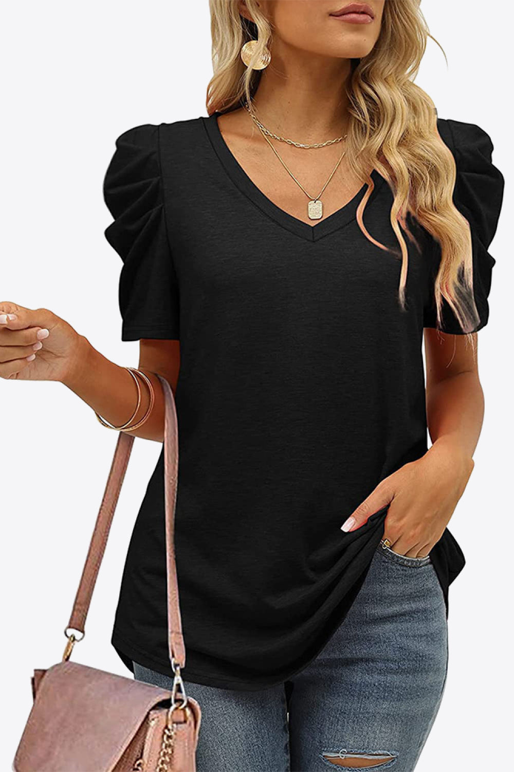 V-Neck Puff Sleeve Tee - Black / S - T-Shirts - Shirts & Tops - 10 - 2024