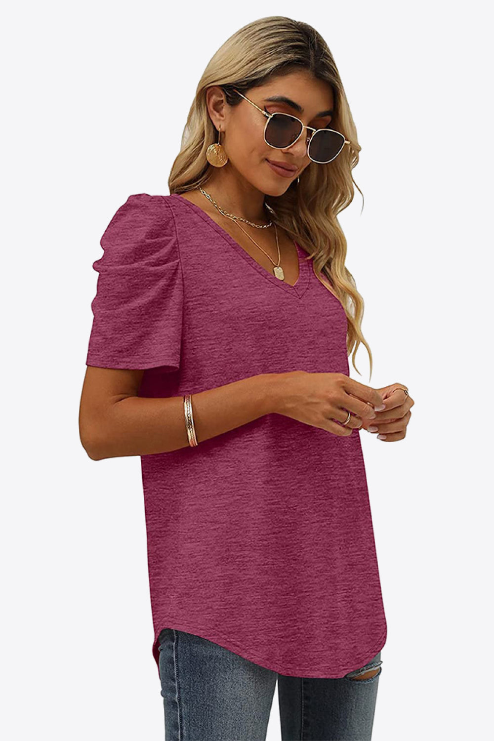 V-Neck Puff Sleeve Tee - T-Shirts - Shirts & Tops - 14 - 2024