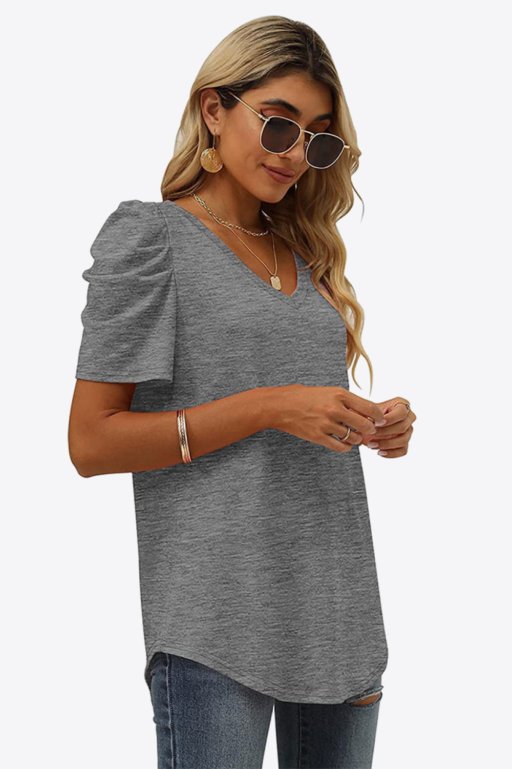 V-Neck Puff Sleeve Tee - T-Shirts - Shirts & Tops - 3 - 2024