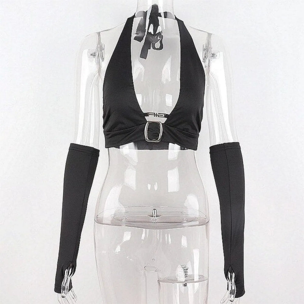 Punk Black Halter Tops - Women’s Clothing & Accessories - Sleeveless - Asymmetric - Halter Tops - 1