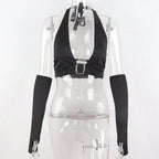 Punk Black Halter Tops - Women’s Clothing & Accessories - Sleeveless - Asymmetric - Halter Tops - 1