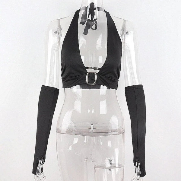 Punk Black Halter Tops - Women’s Clothing & Accessories - Sleeveless - Asymmetric - Halter Tops - 1