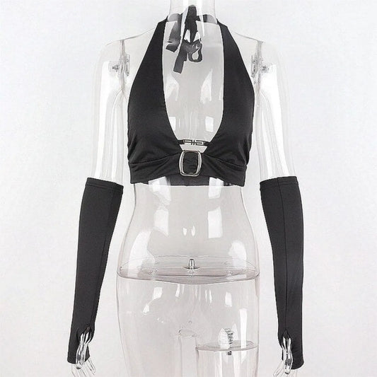 Punk Black Halter Tops - Women’s Clothing & Accessories - Sleeveless - Asymmetric - Halter Tops - 2