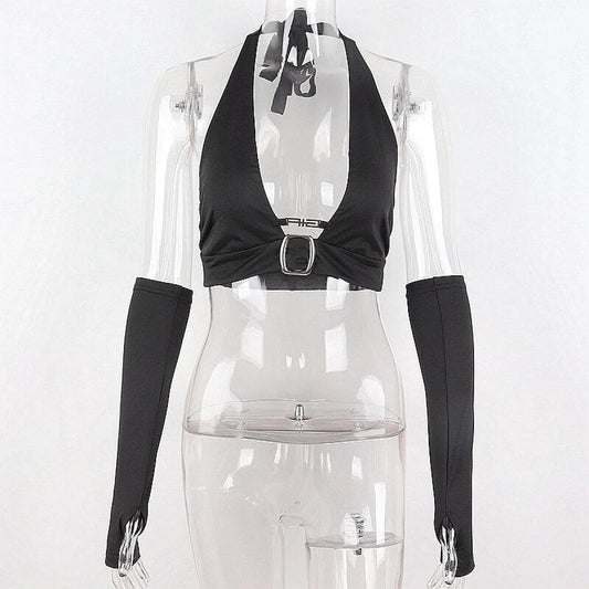 Punk Black Halter Tops - Women’s Clothing & Accessories - Sleeveless - Asymmetric - Halter Tops - 9