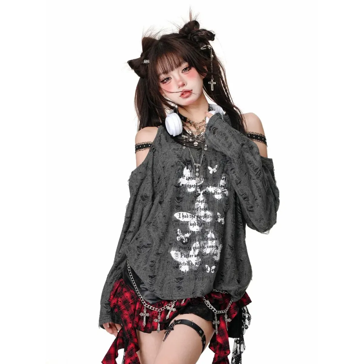 Punk Gothic Lace Off Shoulder T-Shirt - T-Shirts - T-Shirts - 1