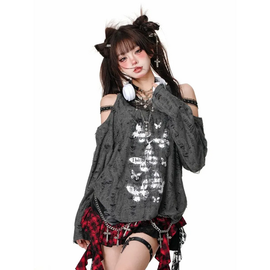 Punk Gothic Lace Off Shoulder T-Shirt - T-Shirts - T-Shirts - 1